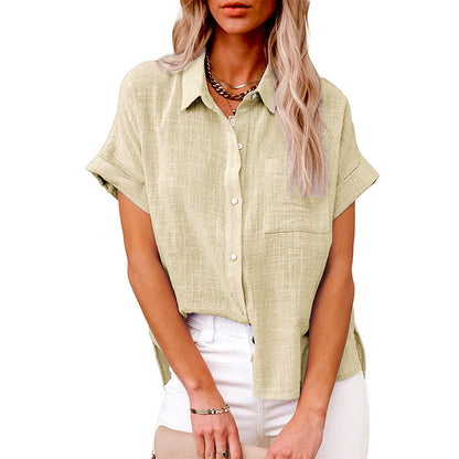 Chemisier Femme Coton Lin Décontracté Manches Courtes à Poche