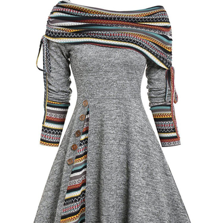 Nouvelle Robe Longue D'Automne Et D'Hiver Pour Femmes Avec Grande Balançoire À La Taille Et Manches Longues À Épaule Dénudée