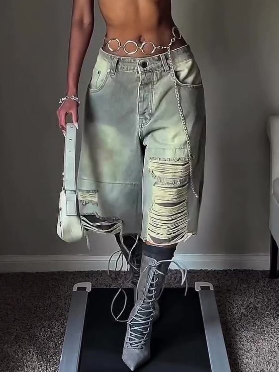 Pantalones Cropped Holgados de Mezclilla Desgastada Chic