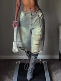 Pantalones Cropped Holgados de Mezclilla Desgastada Chic