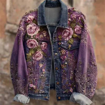 Autumn Retro Washed Long-Sleeve Denim Jacket by AdTec, purple denim with floral embroidery
