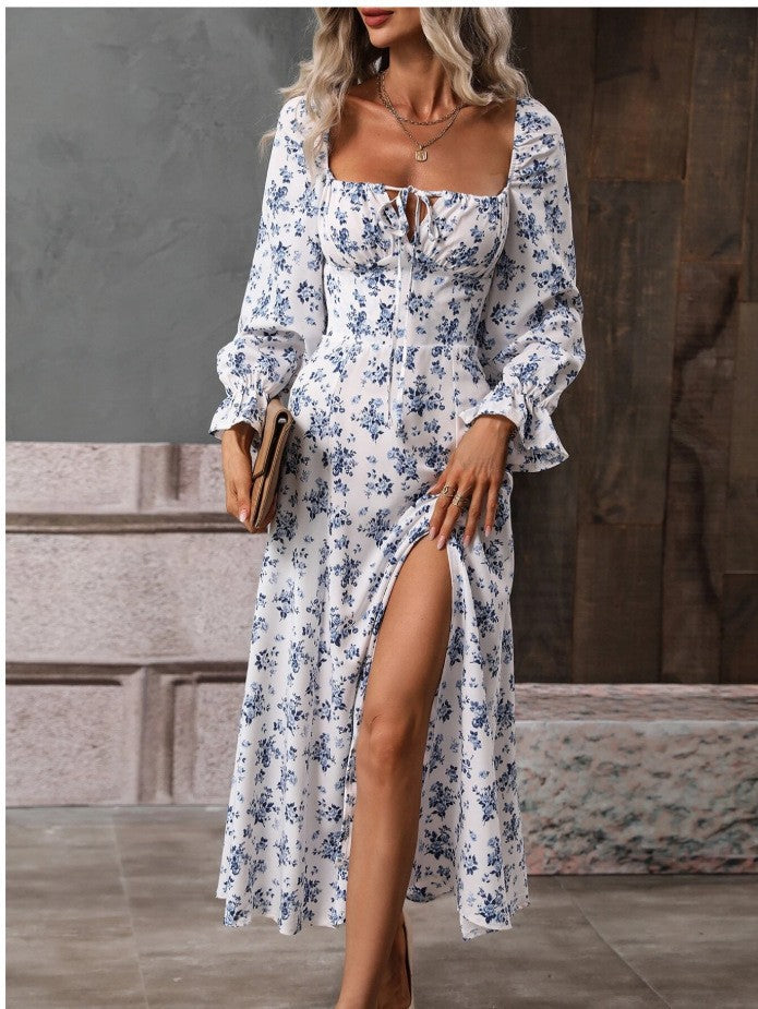 Vestido de manga larga con estampado floral, cuello cuadrado y abertura inferior para mujer. Ropa de mujer.