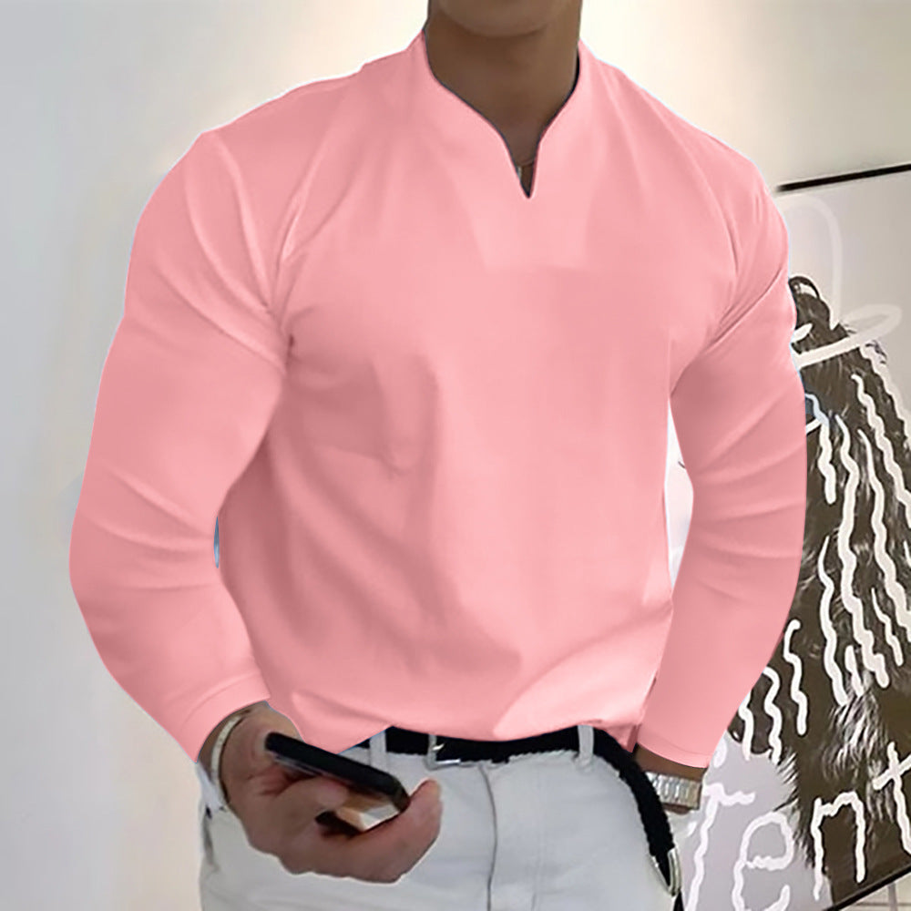 Chemises à manches longues col en V couleur unie décontractées pour hommes