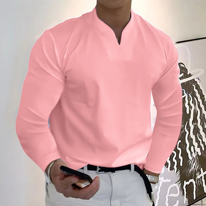 Chemises à manches longues col en V couleur unie décontractées pour hommes