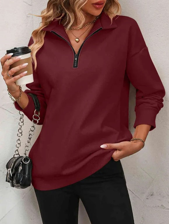 Sweat-shirt zippé mi-manches pour femmes, pull à la mode