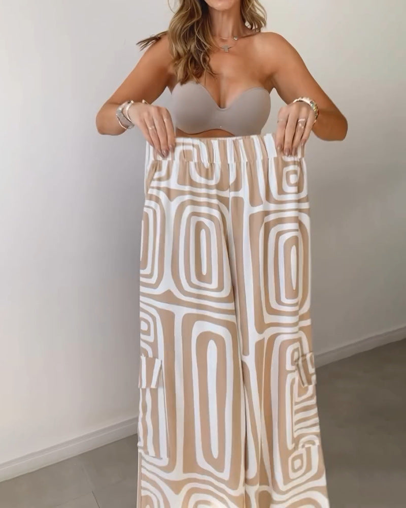 Ensemble Femme Chemise Décontractée à Revers et Manches Longues Imprimée et Pantalon Large