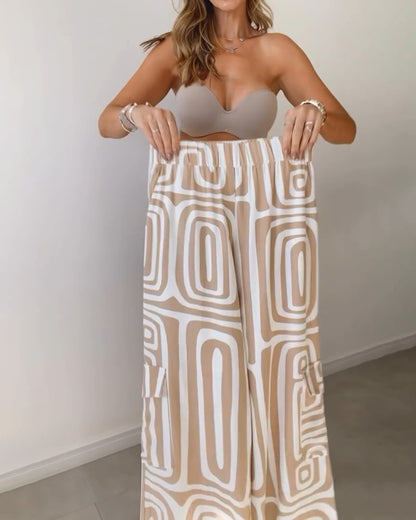 Ensemble Femme Chemise Décontractée à Revers et Manches Longues Imprimée et Pantalon Large