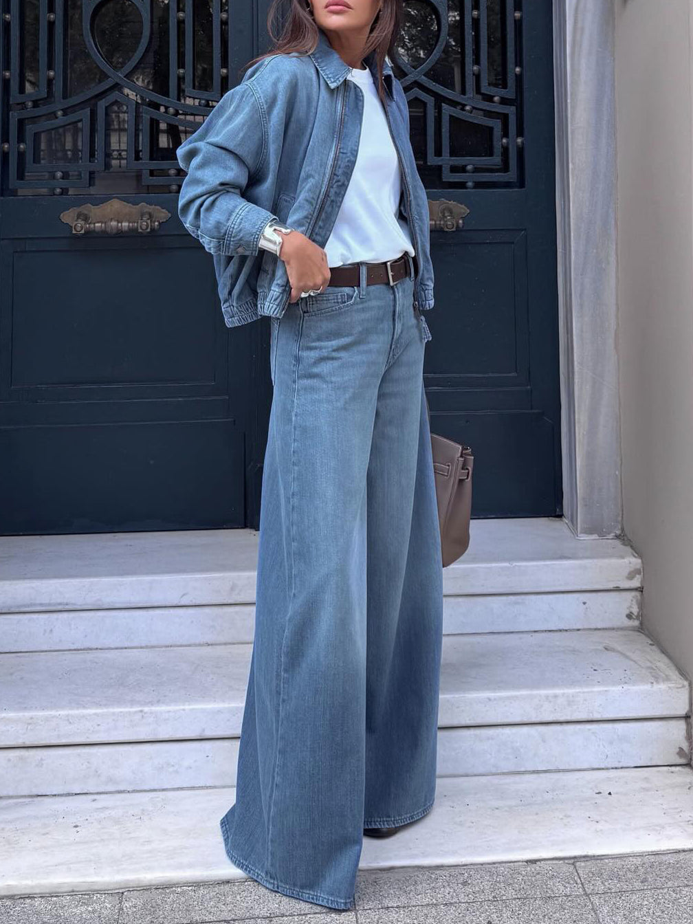 Ensemble veste courte en jean bleu clair et jean large
