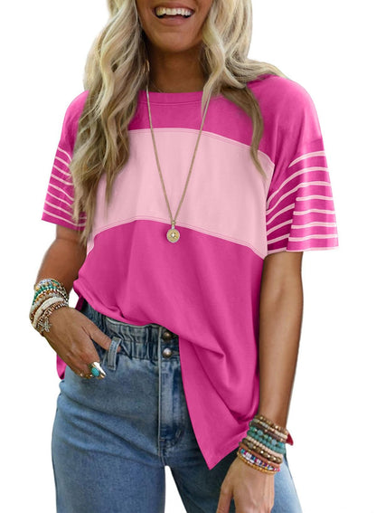 T-shirt à manches courtes rayé et color-block décontracté à col rond pour femme