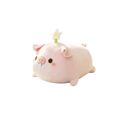 Cute piggy plush hug pillow for children, soft pink with a flower on its head and tiny, adorable ears