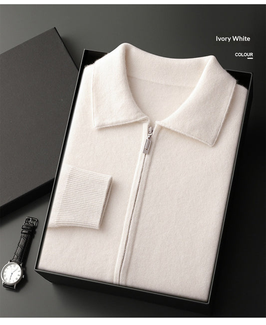 Men's solid-color warm knitted cardigan, ivory white, zip-front, boxed presentation