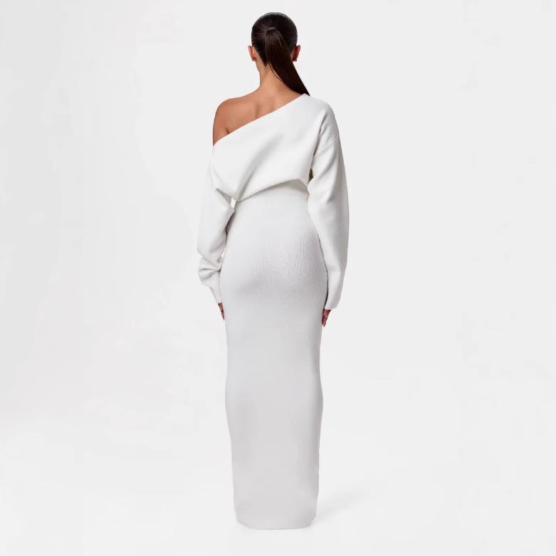 Vestido de punto de manga larga ajustado estilo Ins para fiesta de noche, sexy, con hombros descubiertos, largo y ajustado