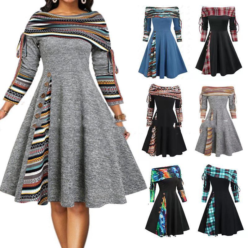 Nouvelle Robe Longue D'Automne Et D'Hiver Pour Femmes Avec Grande Balançoire À La Taille Et Manches Longues À Épaule Dénudée