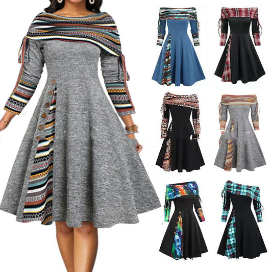 Vestido largo de manga larga con hombros descubiertos, cintura ancha, estilo moderno para mujer, otoño e invierno