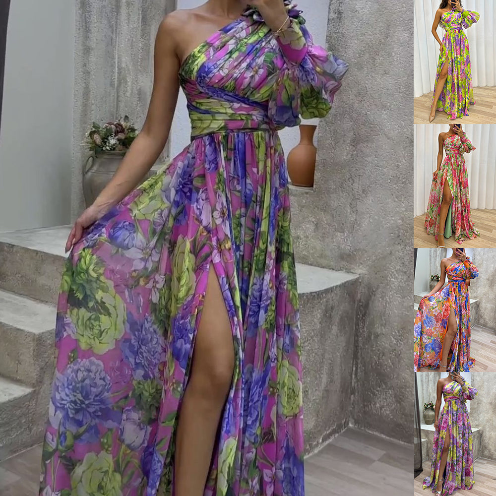 Robe longue fendue à imprimé floral sexy, robe d'été décontractée à une épaule et manches longues pour femme