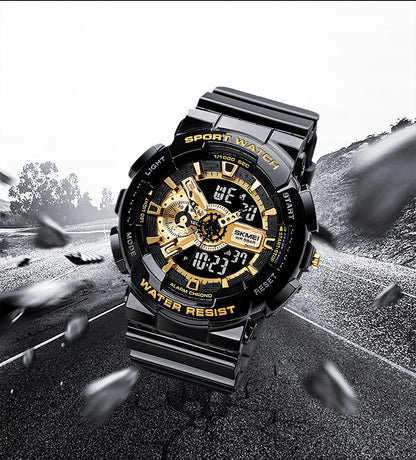 Reloj electrónico deportivo clásico negro y dorado con doble pantalla para estudiantes, reloj para adolescentes, niños y niñas