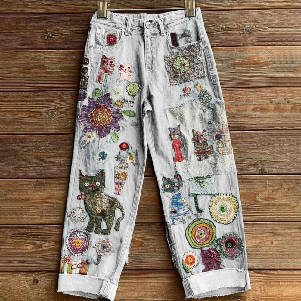 Nuevos pantalones vaqueros acampanados con estampado 3D por transferencia de calor en denim sintético