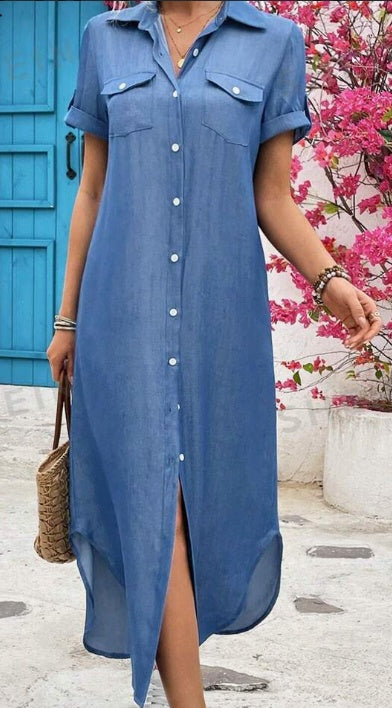 Robe chemise longue en jean pour femme