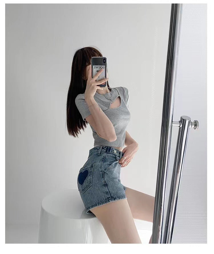 Short en jean trapèze pour femme, style rétro, avec motifs « love »