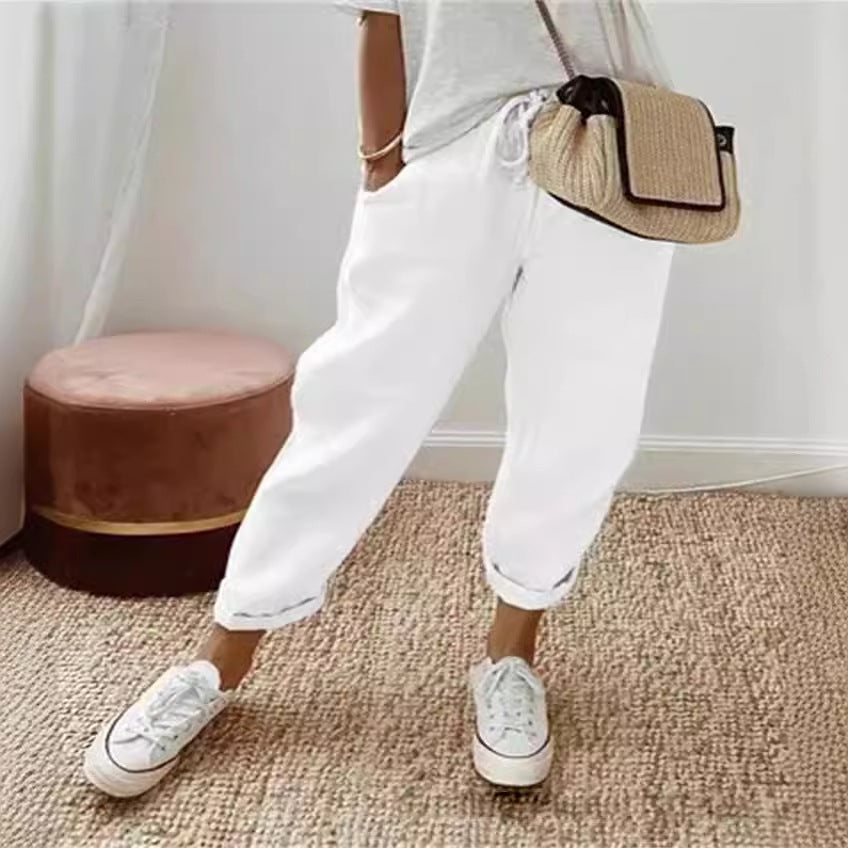 Pantacourt en coton et lin à taille élastique pour femme