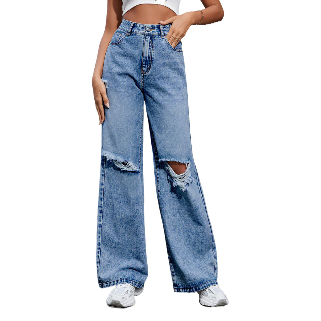 Pantalon en jean décontracté taille haute à trous pour femme