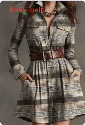 Robe courte élégante à carreaux à manches longues avec ceinture, style européen et américain