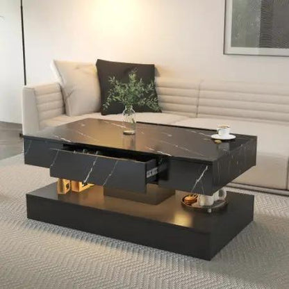 6.93IN High LED Coffee Table by AdTec, black marble finish with pull-out drawer