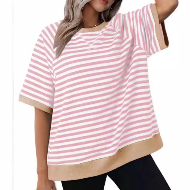 Camiseta suelta informal de rayas versátil para mujer