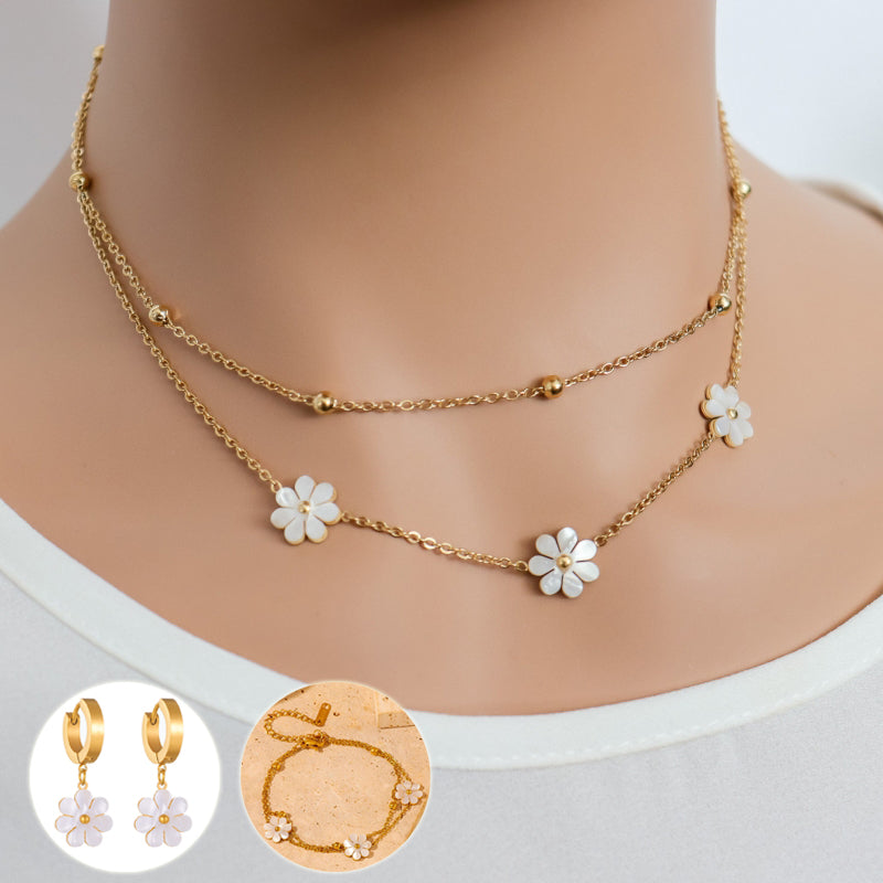 Joyería de moda de acero inoxidable, collar de flor de margarita, doble capa, pendientes, conjunto de joyería