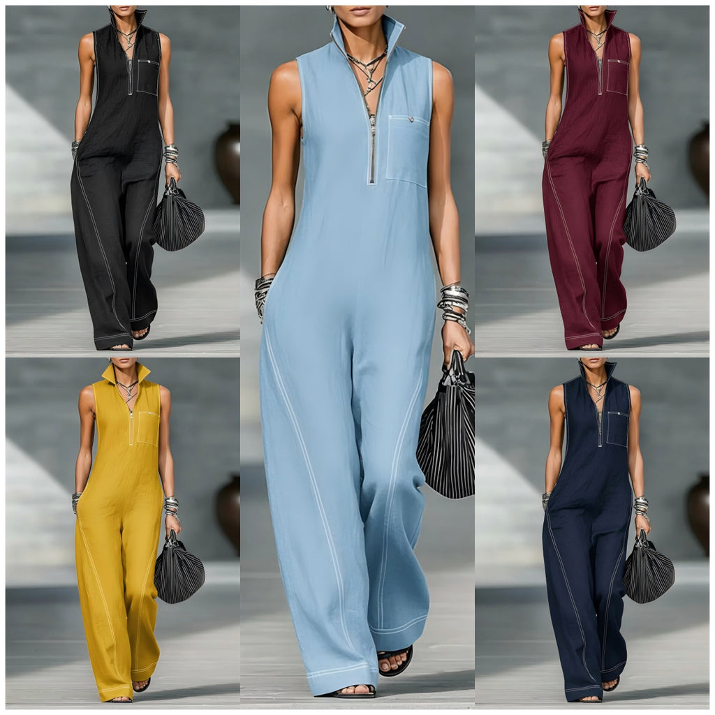 Mono de cuello levantado con bolsillos, moda de verano, mono sin mangas casual, pantalones, ropa de mujer