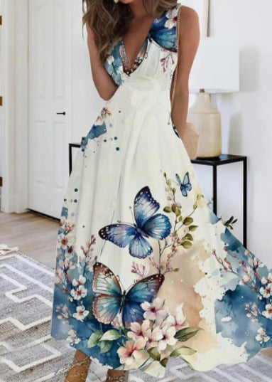 Nouvelle robe d'été sans manches à col en V, taille haute imprimée pour femmes