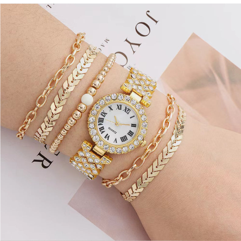Reloj de pulsera de diamante para mujer, de lujo, a la moda, con caja de regalo, pulsera de reloj, juego de seis piezas