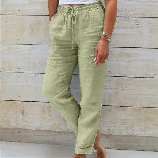 Pantalon élastique uni en coton et chanvre