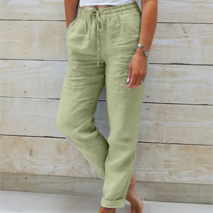 Pantalon élastique uni en coton et chanvre