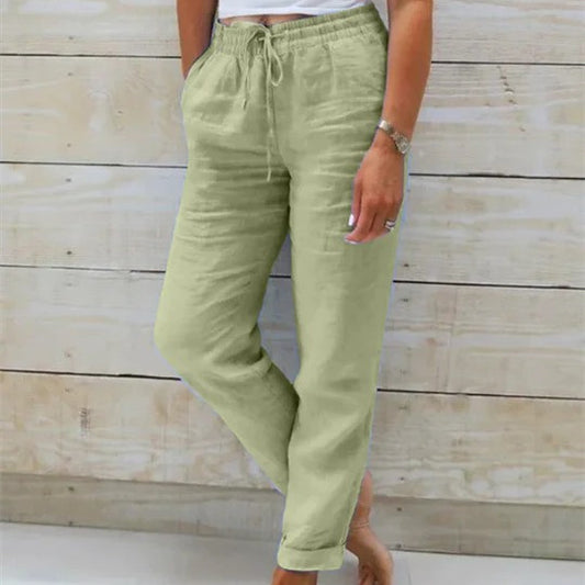 Pantalones de algodón y cáñamo lisos con cintura elástica