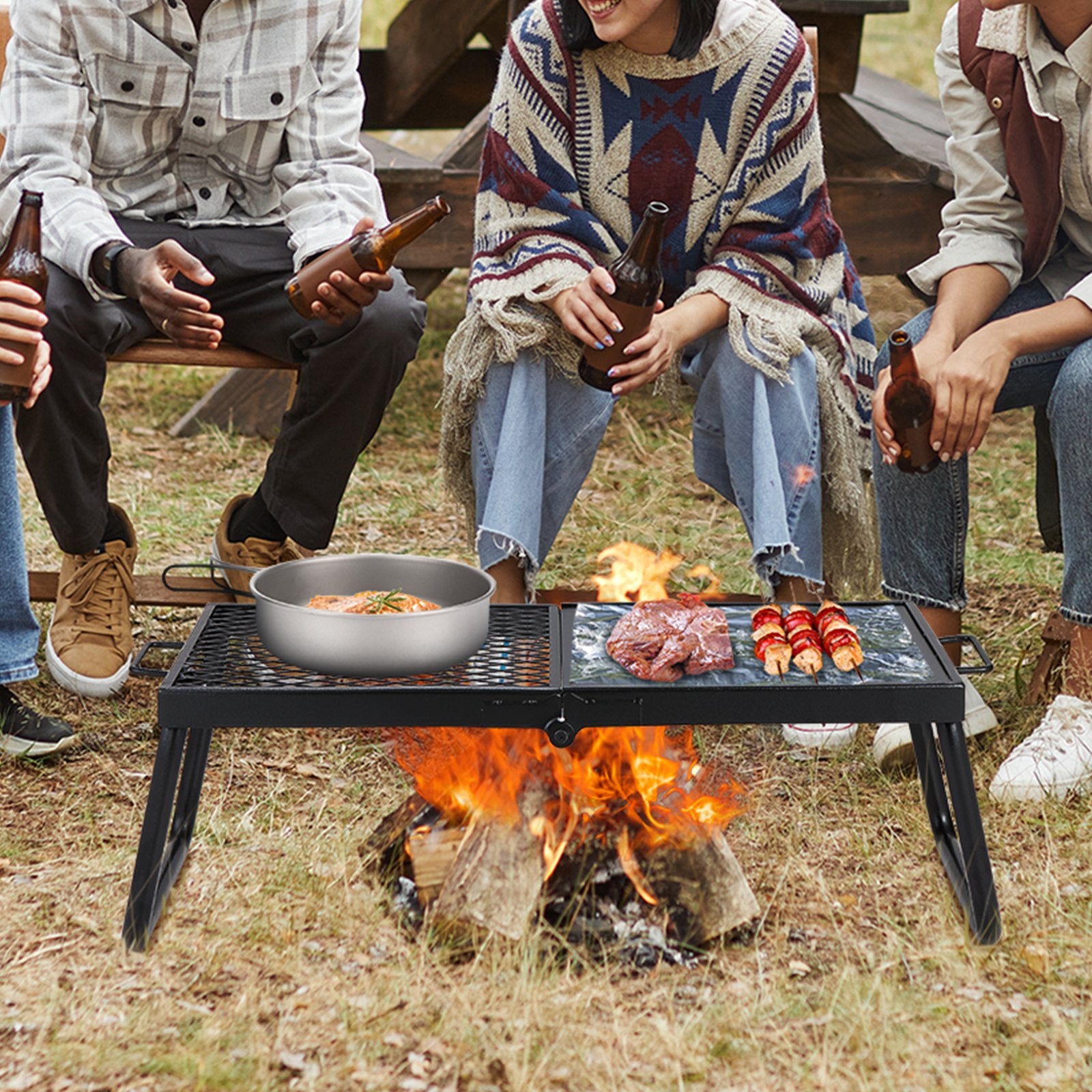 Grille de cuisson pliable pour feu de camp, grille en acier robuste