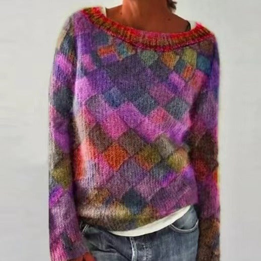 Pull Femme Col Rond Multicolore Ample Tendance