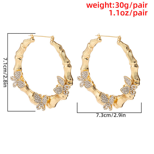 Boucles d'oreilles Papillon Intelligentes Micro-incrustées Rétro Exagérées en Bambou Rond