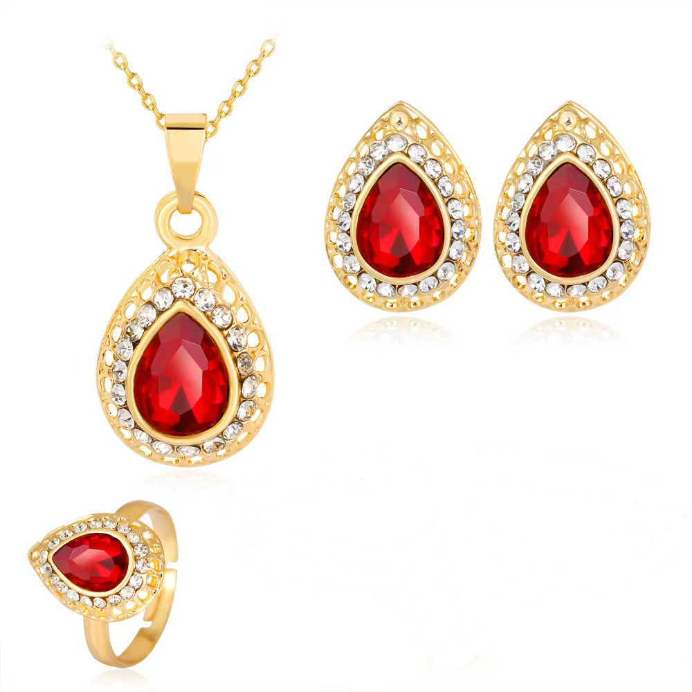 Exquisito Conjunto de Joyas de Tres Piezas: Collar y Pendientes de Aleación Multicolor en Forma de Gota de Agua