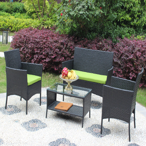 Juego de muebles de patio de ratán de 4 piezas con cojín, sofá de mimbre, cojín verde
