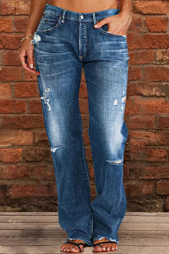 Jean déchiré Ample Large Jambe Denim Pantalon Décontracté Navette Pantalon Vêtements pour Femmes