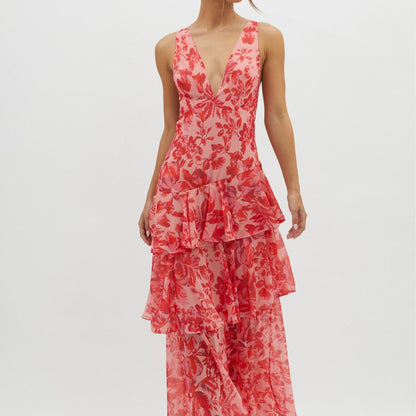 Women's Spaghetti-strap Floral Print Backless Multi-layer V-neck Dress
