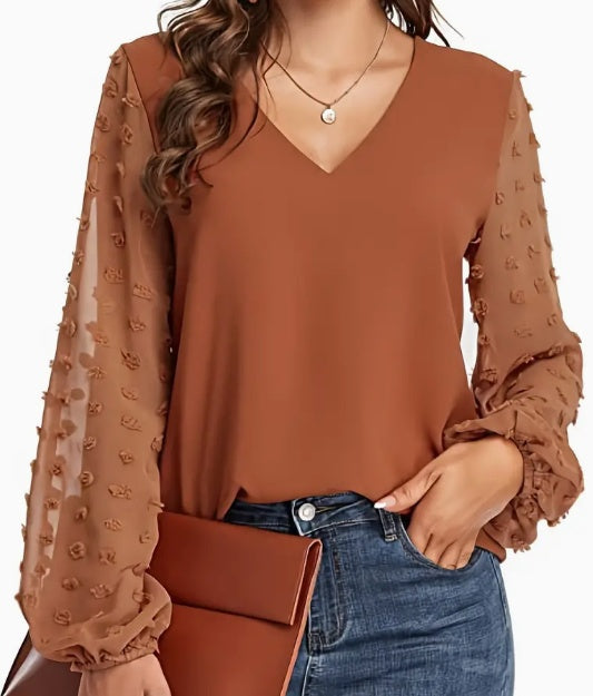 Camisa con cuello en V de lunares suizos - Camisa informal lisa suave y transpirable para la temporada de primavera y otoño, ropa de mujer con ajuste relajado y estilo clásico