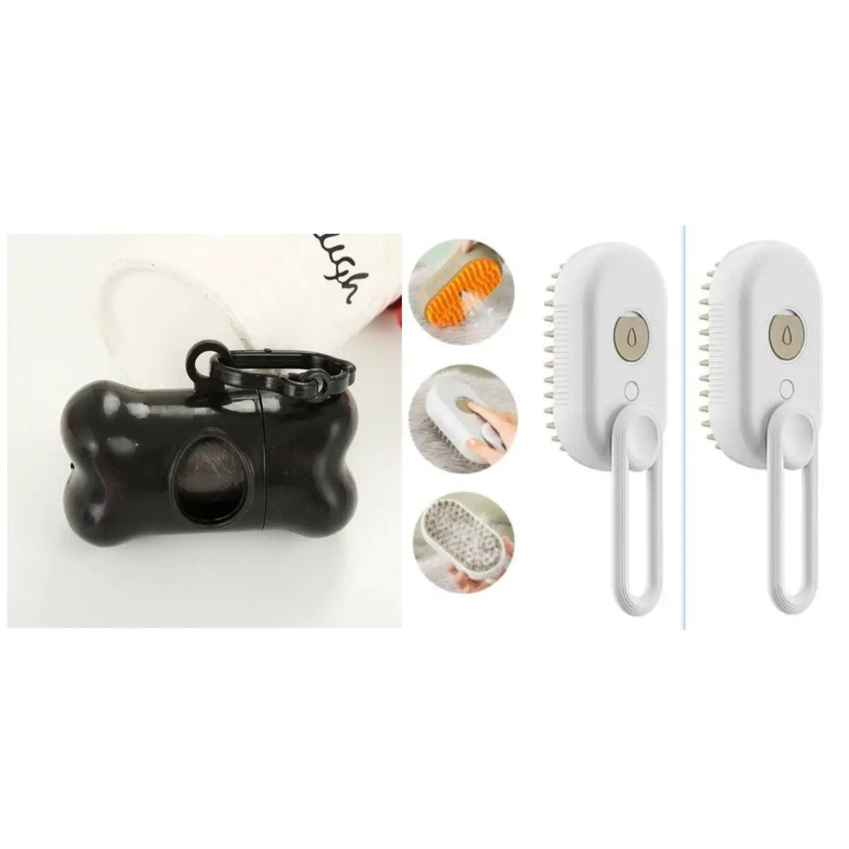 AdTec 3-in-1 cat steam brush set: black reservoir unit plus two white electric grooming brushes