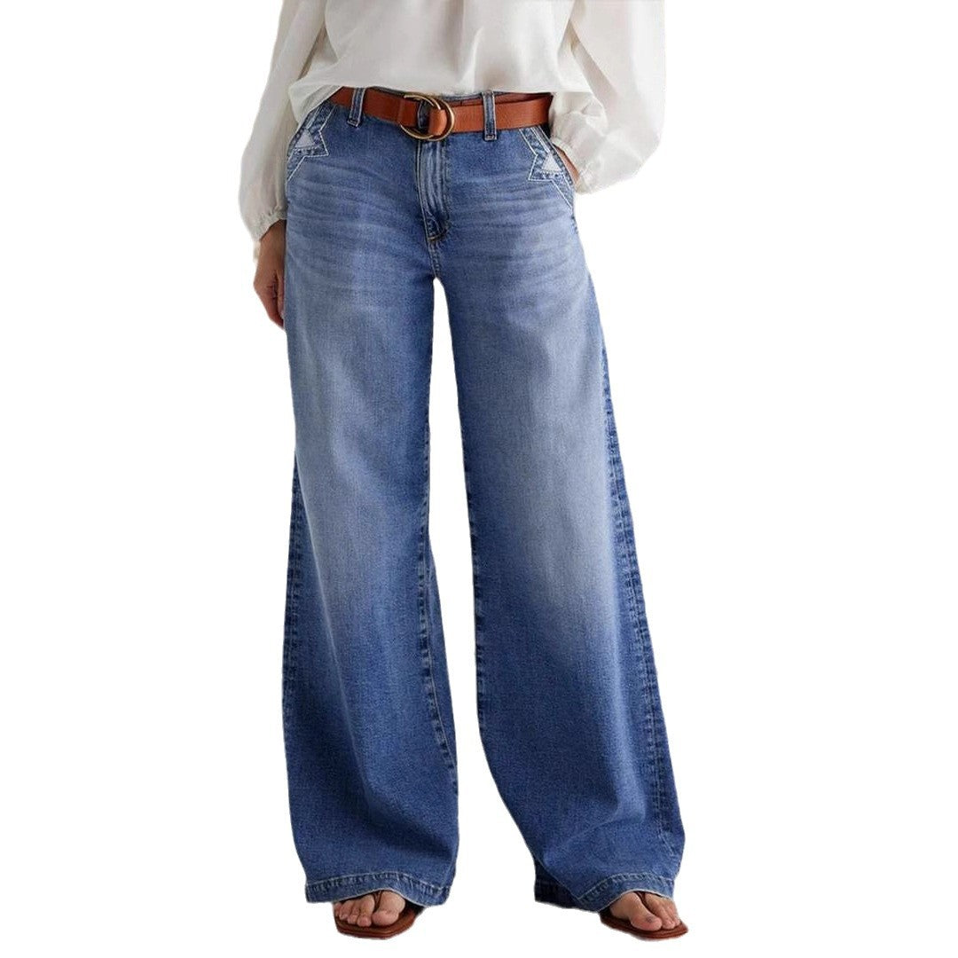 Pantalon droit décontracté à taille élastique brodé