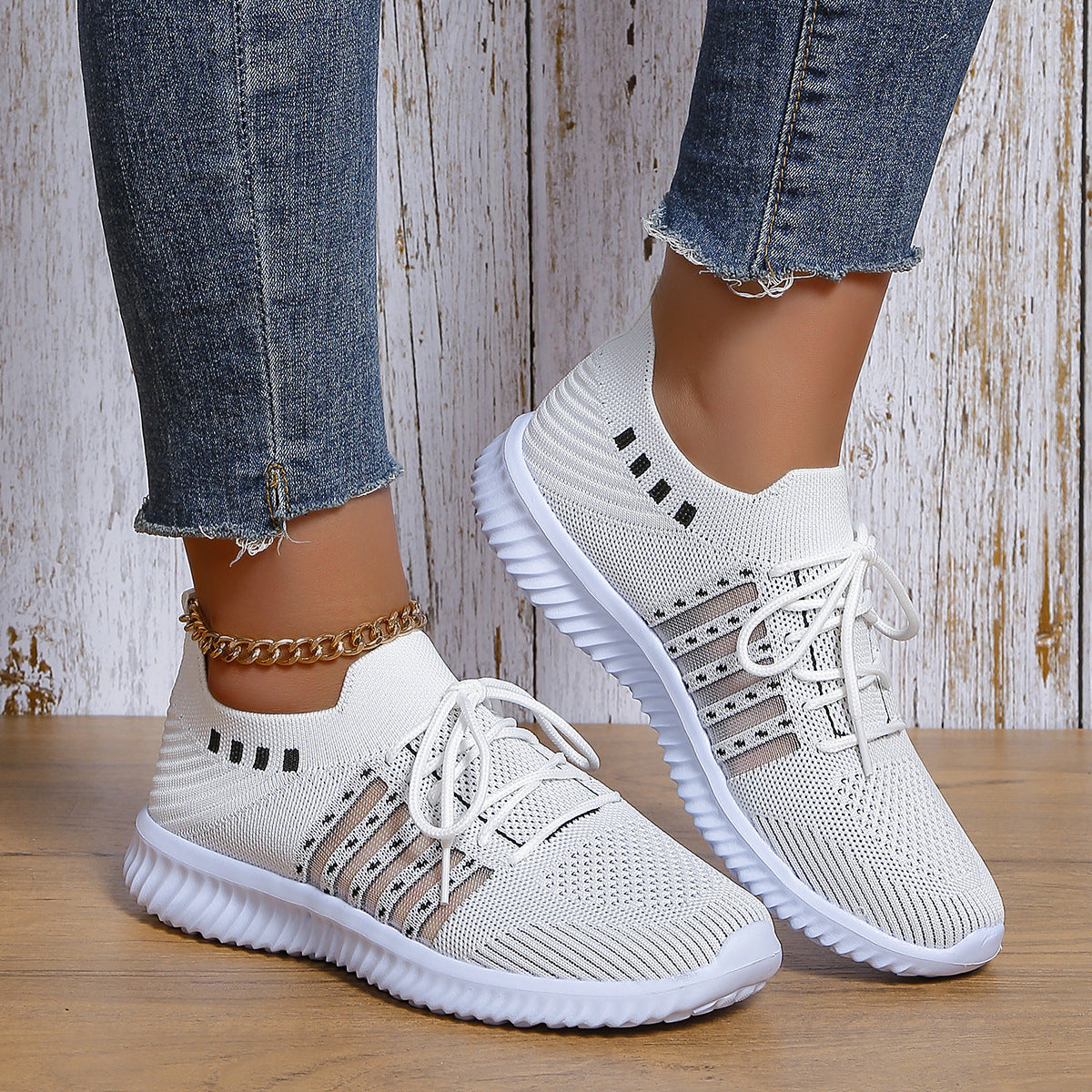 Zapatillas deportivas informales con cordones de malla transpirable, tejido volador, puntera redonda, para caminar y correr