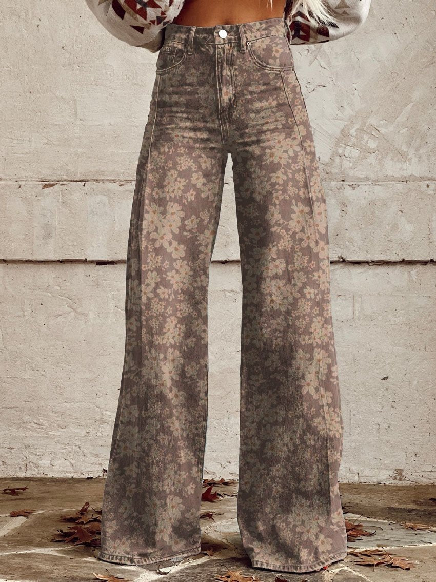 Pantalones de pata ancha, transferencia térmica, tipo campana, simulación de vaqueros
