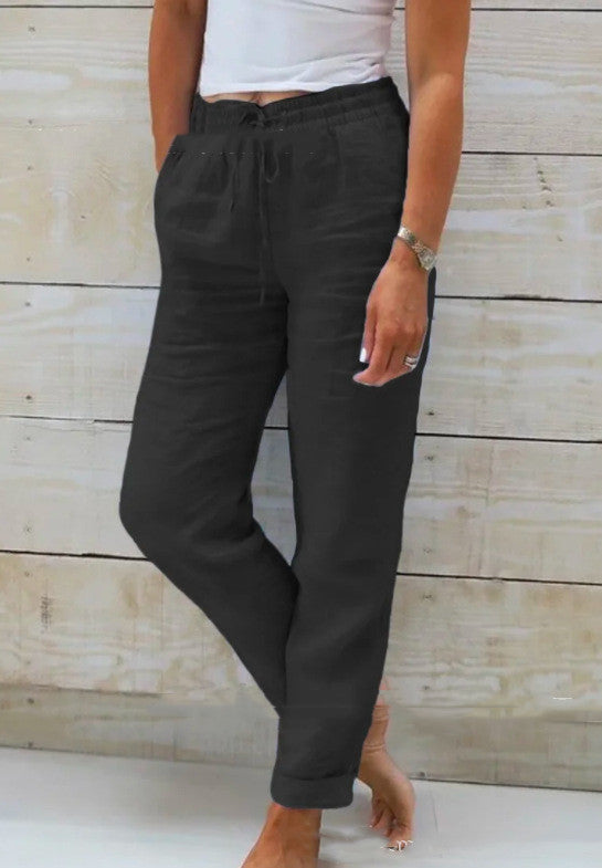 Pantalon élastique uni en coton et chanvre