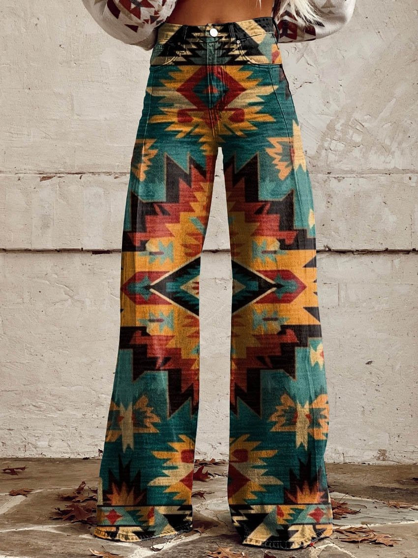 Pantalones de pata ancha, transferencia térmica, tipo campana, simulación de vaqueros