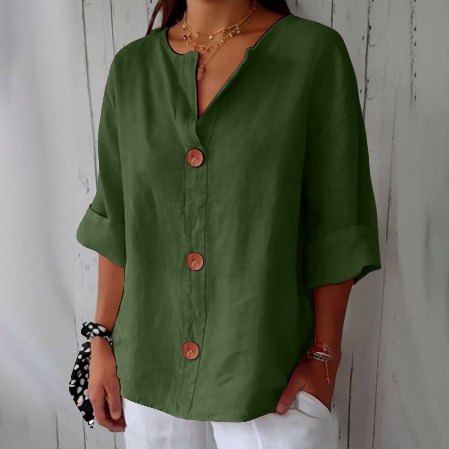 Chemisier boutonné femme en coton et lin col en V